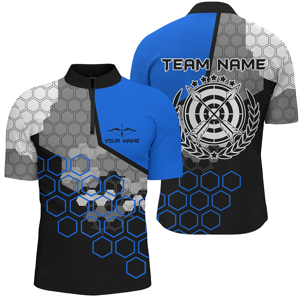 Personalized Blue Black 3D Target Archery Quarter-Zip Shirts For Men, Bow And Arrow Archery Jerseys VHM0568