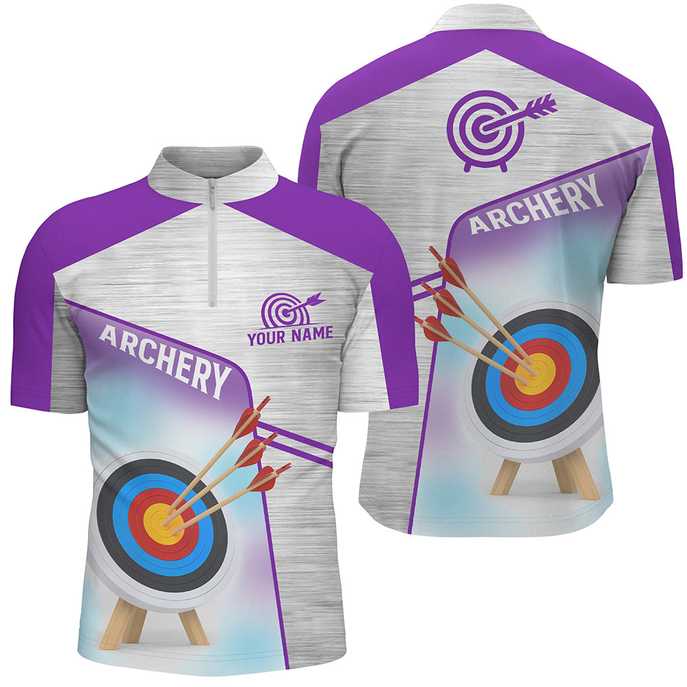 Personalized Purple Grey 3D Target Archery Quarter-Zip Shirts For Men, Custom Name Archery Jerseys VHM0583