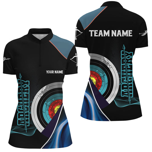 Personalized 3D Targets Archery Quarter-Zip Shirts For Women, Custom Blue Black Archery Team Shirts VHM0600