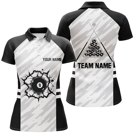 Personalized Sport Billiard 8 Ball 3D Polo Shirts For Women, Custom Billiard 8 Ball Pool Team Jerseys VHM1040