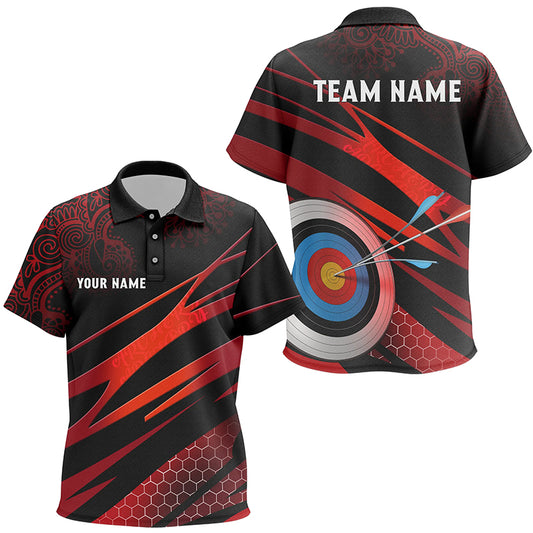 Personalized Red Black 3D Target Archery Polo Shirts For Kids, Custom Tribal Pattern Archery Shirts VHM0678