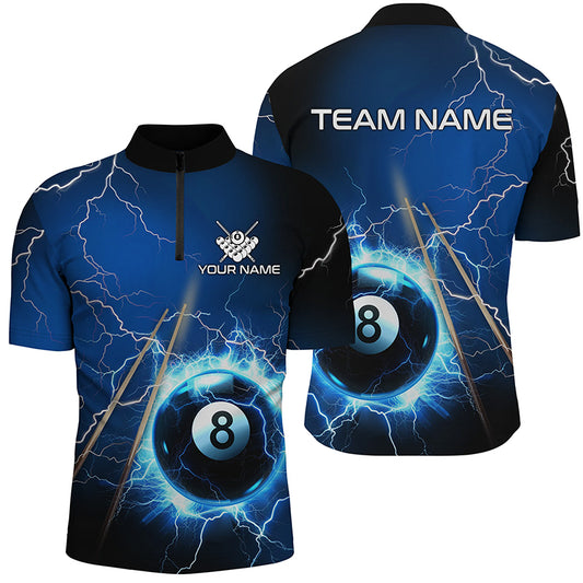 Personalized Thunder Lighting Blue 8 Ball Billiards Quarter Zip Shirts For Men 8 Ball Pool Jerseys VHM1171