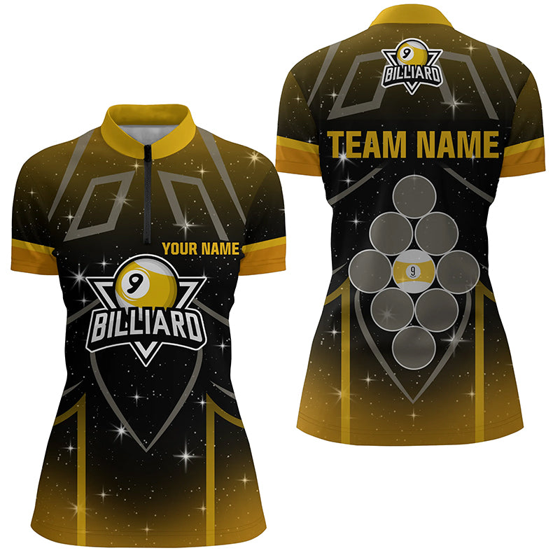 Personalized 9 Ball Pool Yellow Black Billiard 3D Quarter-Zip Shirts For Women, 9 Ball Pool Jerseys VHM0497