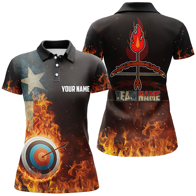 Personalized Texas Flag Flaming Target Archery 3D Polo Shirts For Women, Fire Arrow Archery Jerseys VHM0990