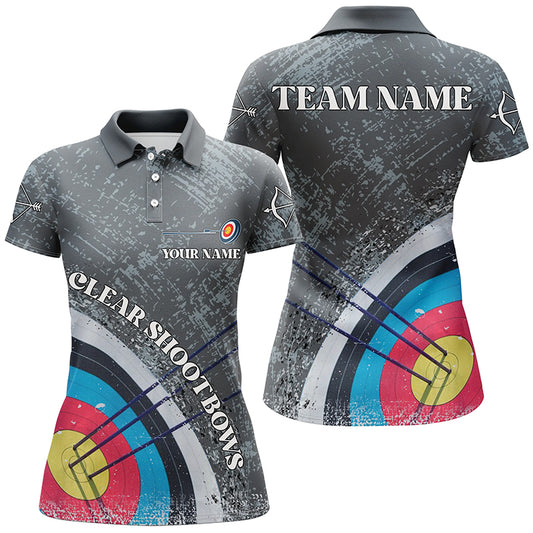 Personalized Vintage Grey 3D Target Archery Polo Shirts For Women, Clear Shoot Bows Archery Shirts VHM0604