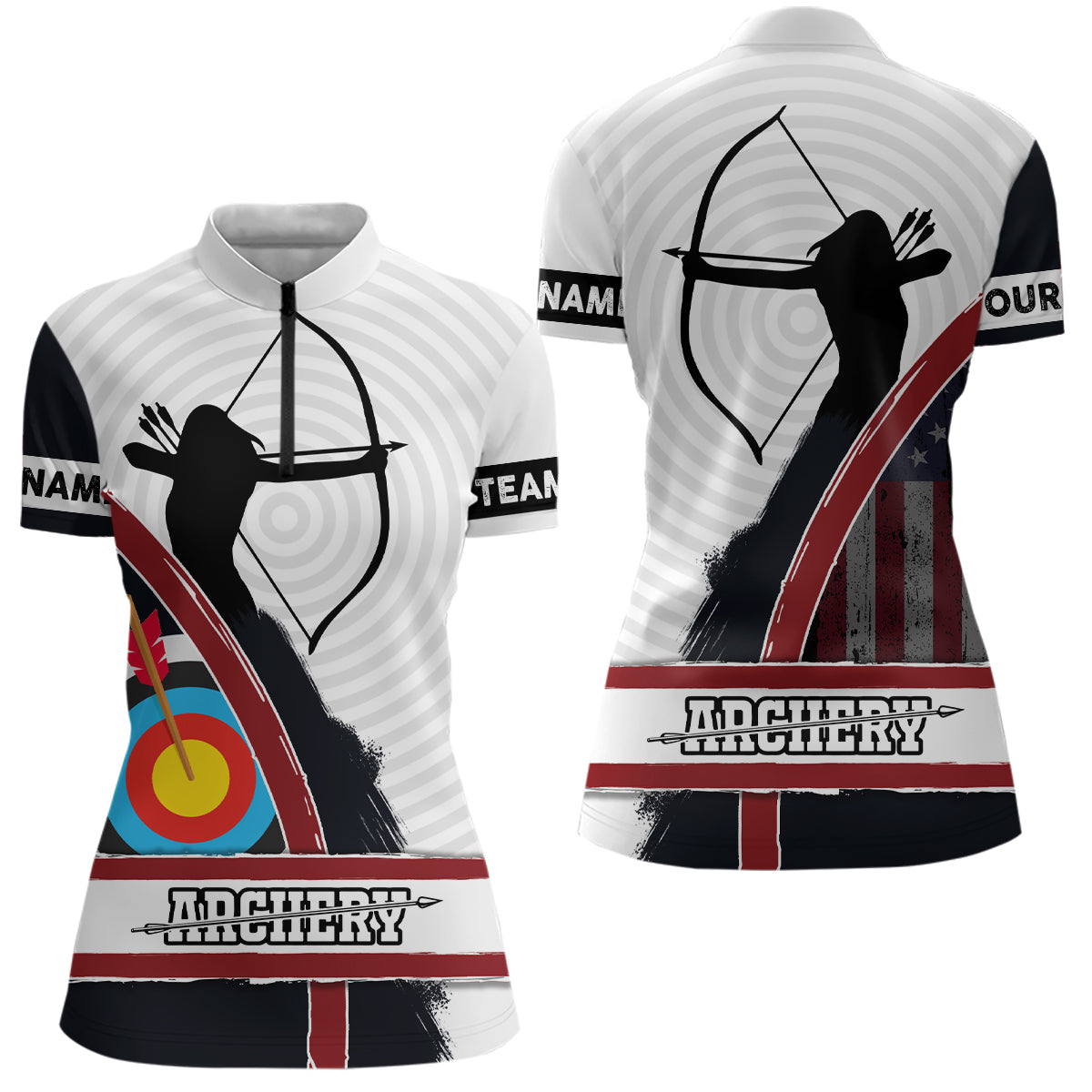 Personalized US Flag Silhouette Archery Quarter-Zip Shirts For Women Custom 3D Target Archery Shirts VHM0648