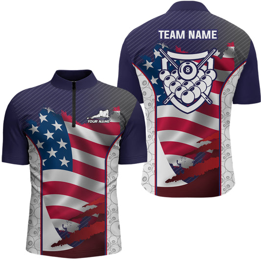 Personalized US Flag 8 Ball Pattern Billiards 3D Quarter-Zip Shirts For Men, Billiards Jerseys VHM0447