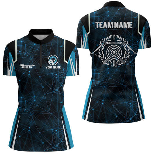 Personalized Blue 3D Target Archery Quarter-Zip Shirts For Women Custom Bow And Arrow Archery Shirts VHM0790