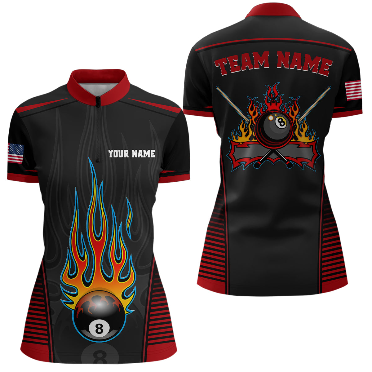 Personalized Red Black Fire 8 Ball Pool Quarter-Zip Shirts For Women, US Flag Billiard 8 Ball Shirts VHM0816