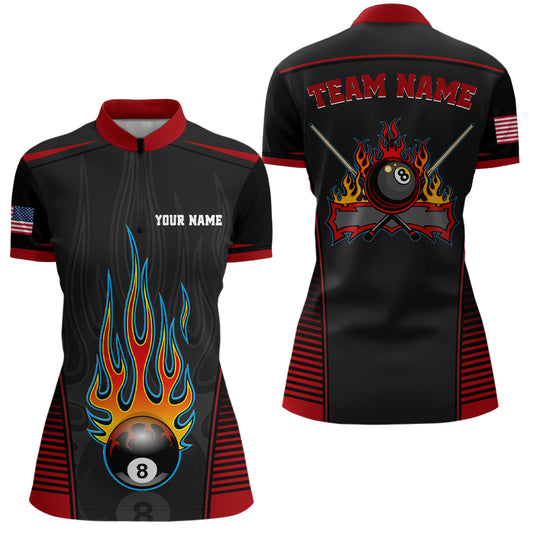 Personalized Red Black Fire 8 Ball Pool Quarter-Zip Shirts For Women, US Flag Billiard 8 Ball Shirts VHM0816