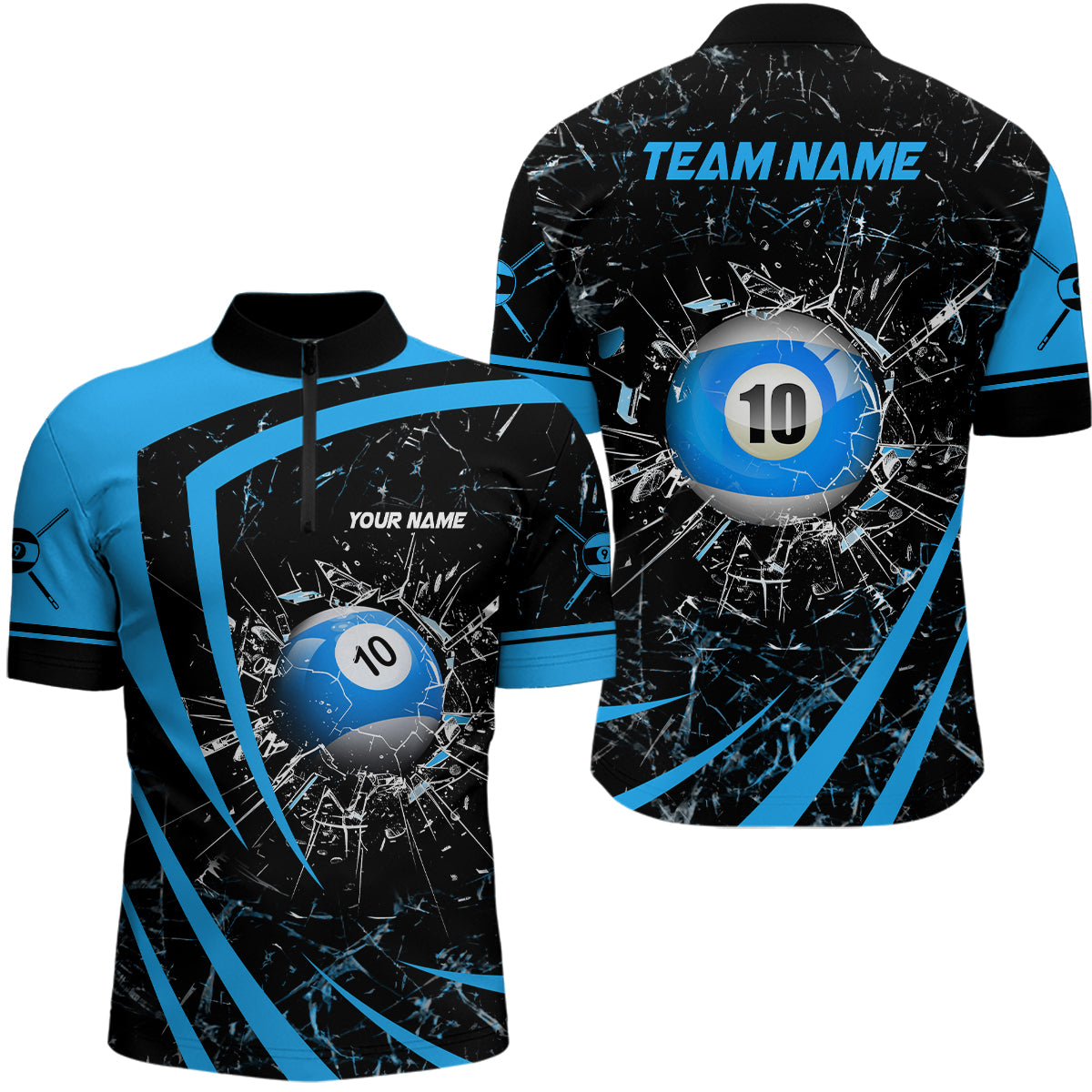 Personalized Blue Glass Break 10 Ball Billiard 3D Quarter Zip Shirts For Men 10 Ball Pool Jerseys VHM1169