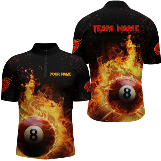 Personalized Fire 8 Ball Pool Black Billiard 3D Quarter-Zip Shirts For Men, Billiard Team Shirts VHM0504
