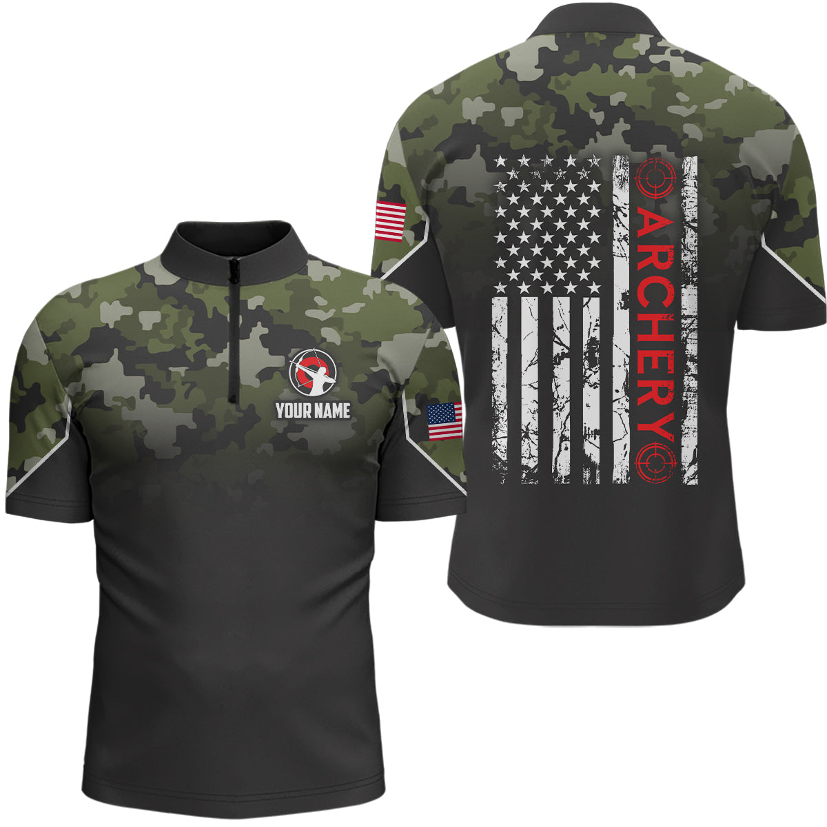 Personalized Green Camouflage Archery Quarter-Zip Shirts For Men, Grunge US Flag Archery Shirts VHM0737