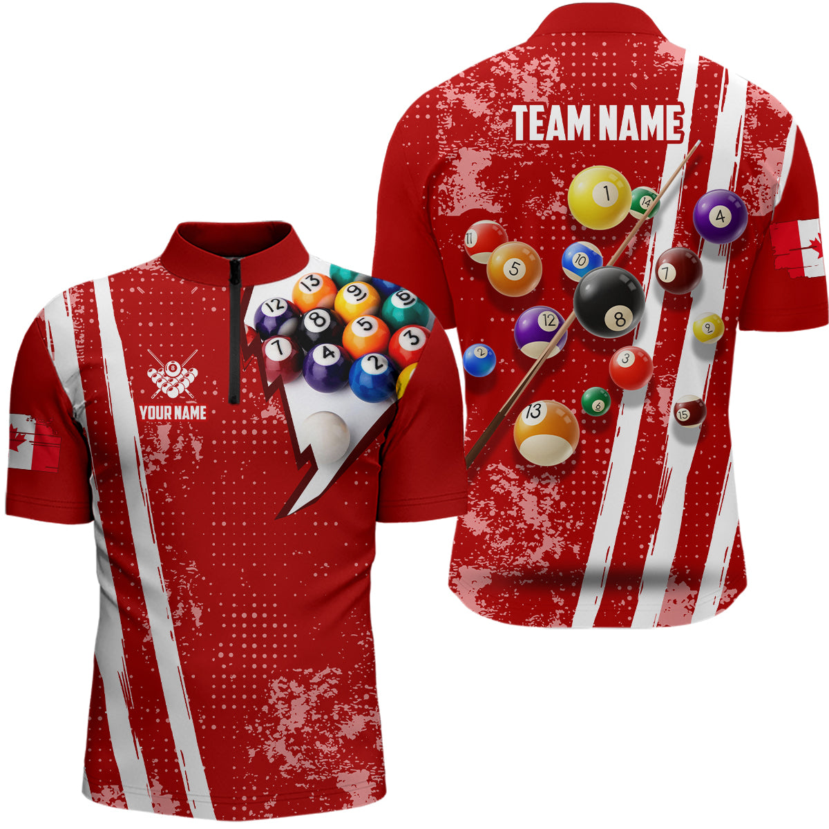 Personalized Red 3D Billiard Balls Quarter-Zip Shirts For Men, Canadian Flag 8 Ball Pool Jerseys VHM0757