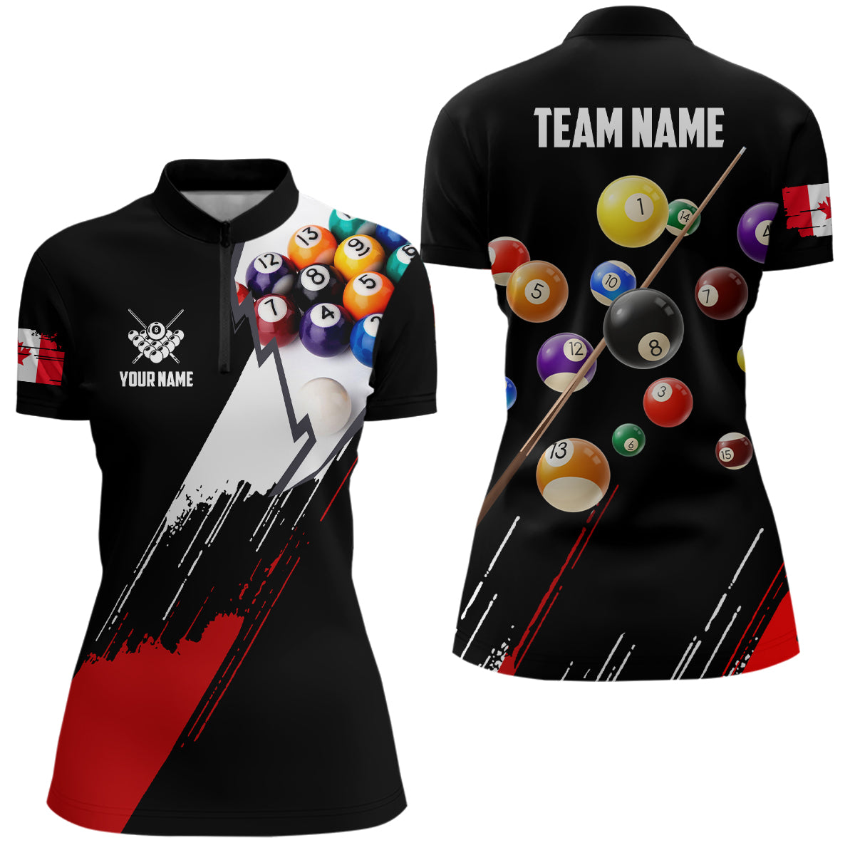 Personalized Red Black Billiard Balls Quarter-Zip Shirts For Women, Canadian Flag 8 Ball Pool Shirts VHM0758