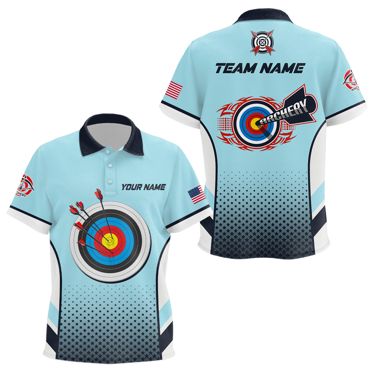 Personalized US Flag 3D Target Archery Polo Shirts For Kids, Custom Blue Archery Jerseys VHM0586