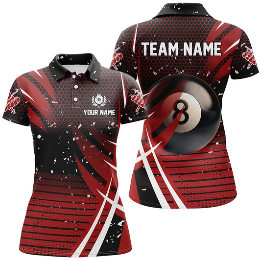 Black Red Billiard 8 Ball Pool Women Polo Shirts Custom Billiard Shirts, Billiard Jerseys Apparel TDM1224