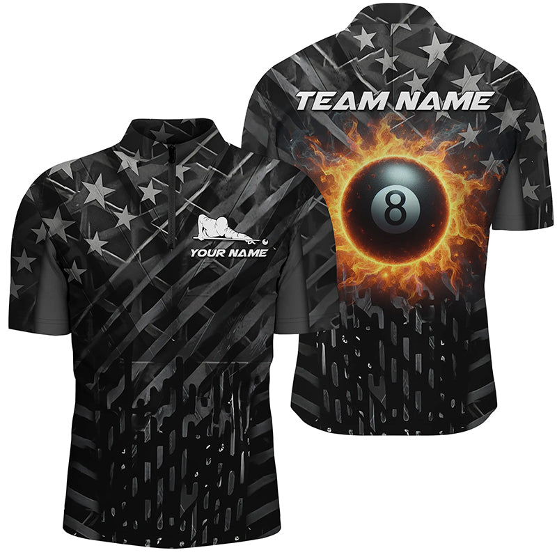 Custom Black US Flag 8 Ball Fire Men Billiard Quarter-Zip Shirt Patriotic Pool Team Jersey TDM1480