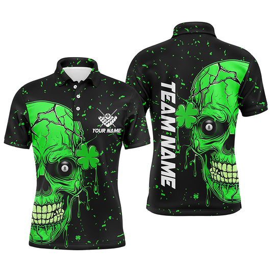 Personalized Patrick 3D Green Skull Luckiest Billiard Men Polo Shirts, Patrick Day Billiard Jerseys TDM1144
