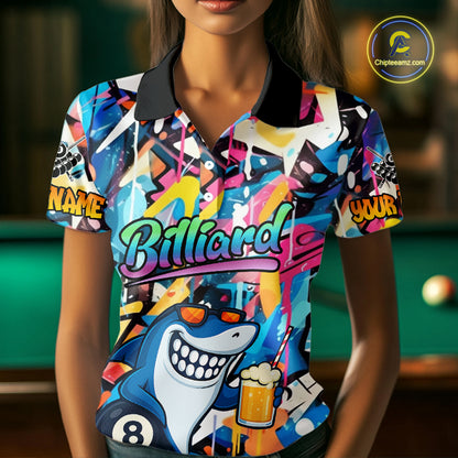 Funny Shark Colorful Graffiti Style Custom 8 Ball Billiard Shirt For Women Best Billiard Team Jersey TDM3850