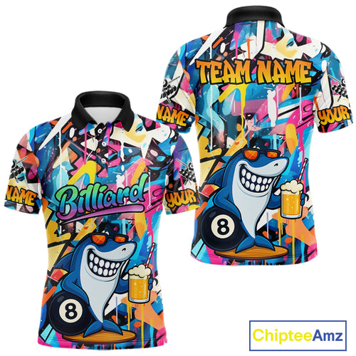 Funny Shark Colorful Graffiti Style Custom 8 Ball Billiard Shirt For Men Best Billiard Team Jersey TDM3850