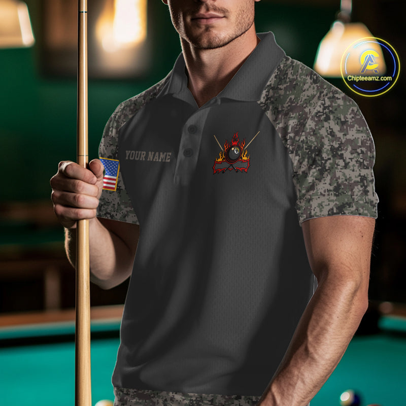 Man wearing personalized retro camo US flag 8 ball pool billiard polo shirt front view.