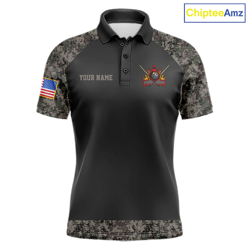 Personalized retro camo US flag patriotic 8 ball pool billiard team jersey polo shirt for men, custom pool league apparel and tournament jersey with vintage camouflage design.