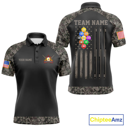 Personalized retro camo US flag patriotic 9 ball pool billiard team jersey polo shirt for men, custom pool league apparel and tournament jersey.