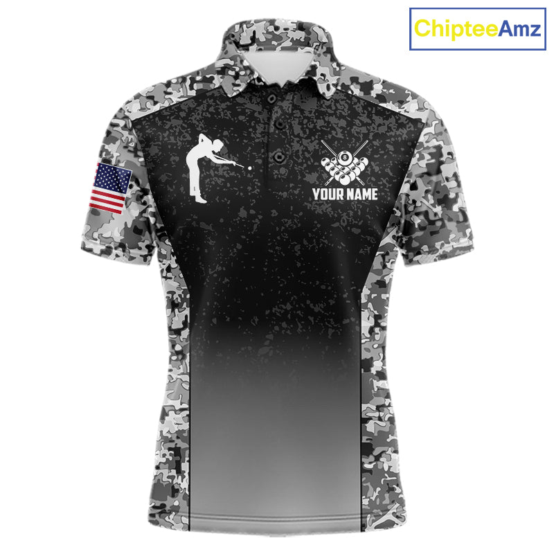 Black and white camo US flag 8 ball pool billiard team jersey polo shirt for men, custom patriotic pool league apparel and tournament jersey.