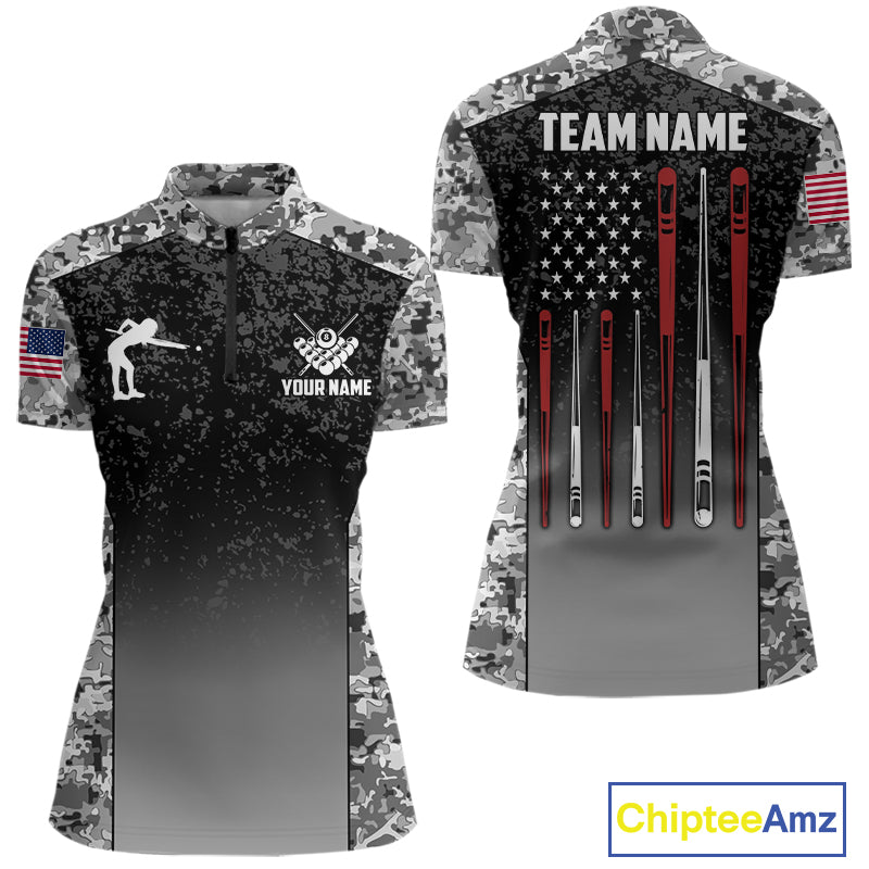 Black and white camo US flag 8 ball pool billiard quarter zip shirt for women, custom patriotic billiard team jersey.