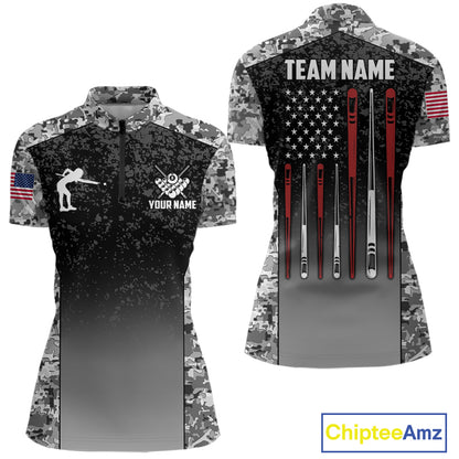 Black and white camo US flag 8 ball pool billiard quarter zip shirt for women, custom patriotic billiard team jersey.