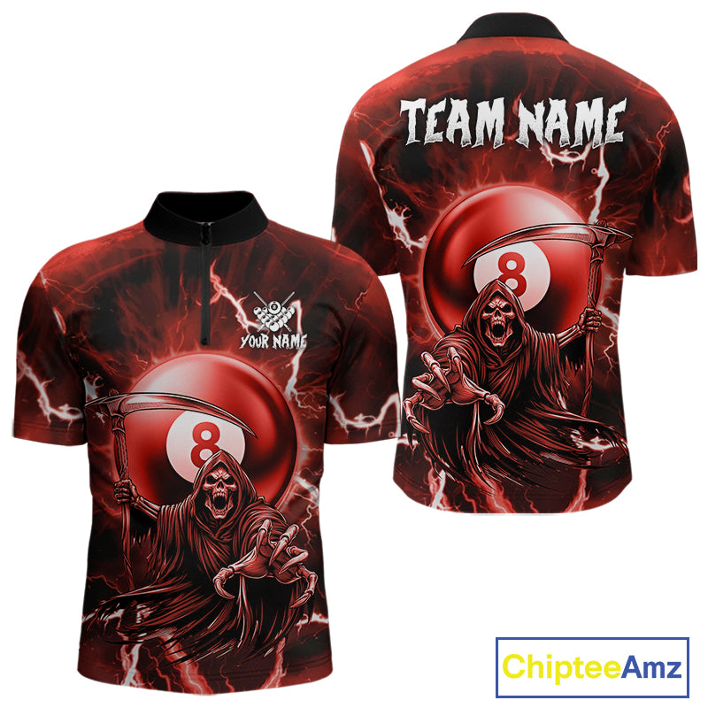 Red Grim Reaper 8 Ball Billiard Shirt For Men Custom Lightning Pool Team Jersey Polo & 1/4 Zip TDM4956