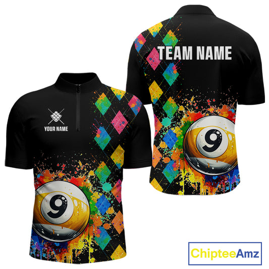 Funny 9 Ball Pool Paint Colorful Argyle Custom Billiard Shirt For Men, Best Pool Team Jersey TDM4962