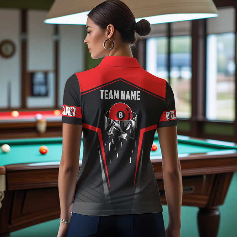 Black And Red 8 Ball Pool Billiard Jerseys For Women Custom Polo & Quarter Zip Billiard Team Shirts TDM3387