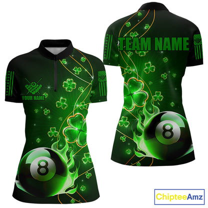 Green 8 Ball Pool Fire Luckiest Shamrock Women Billiard Shirt Custom St Patrick Day Billiard Jerseys TDM3389