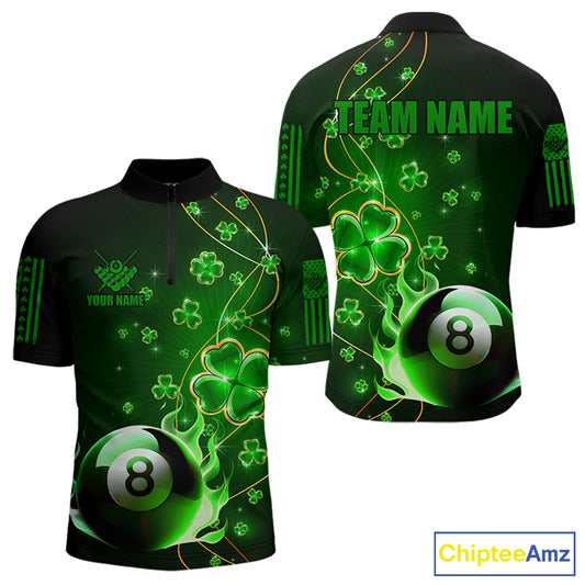 Green 8 Ball Fire Luckiest Shamrock Men Billiard Shirt Custom St Patrick Day Billiard Team Jerseys TDM3389