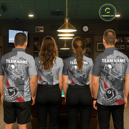 8 Ball Skeleton Custom Billiard Polo & 1/4 Zip For Men, Funny 8 Ball Pool Billiard Team Jersey|Red TDM5676