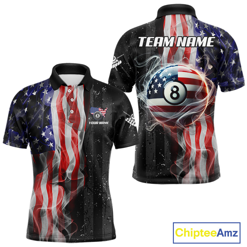 Personalized American Flag Smoke Billiard Jersey For Men, Patriotic 8 Ball Pool Billiard Shirt TDM5679
