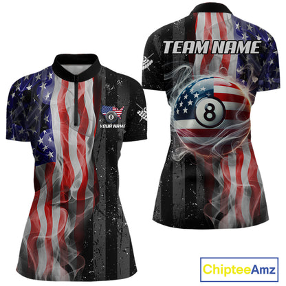 Personalized American Flag Smoke Billiard Jersey For Women, Patriotic 8 Ball Pool Billiard Shirt TDM5679