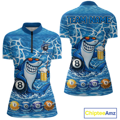 Blue Funny Shark 8 Ball Pool Billiard Shirt For Women Custom Billiard Team Jersey Polo & 1/4 Zip TDM5884
