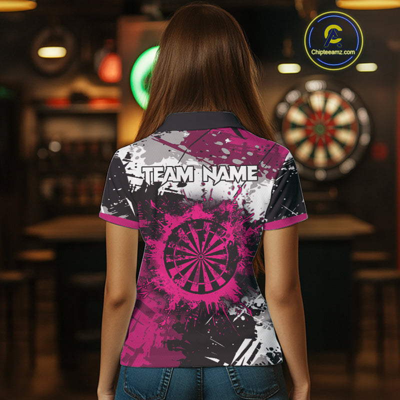 Pink Grunge Paint Splash Dart Polo & Quarter Zip Custom Dart Shirts For Women Darts Team Jerseys TDM3859