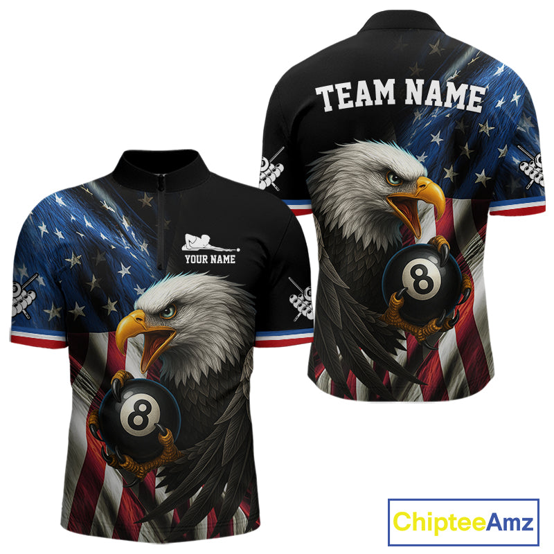 American Flag Eagle 8 Ball Mens Billiard Polo & 1/4 Zip Custom Patriotic Team Billiard Pool Jersey TDM3866