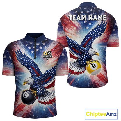 Custom 8 Ball & 9 Ball American Flag Eagle Billiard Shirt For Men, Pool Team Jersey Polo & 1/4 Zip TDM6281