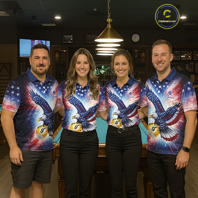 Custom 9 Ball American Flag Eagle Billiard Shirt For Men, Patriotic Pool Team Jersey Polo, 1/4 Zip TDM6282