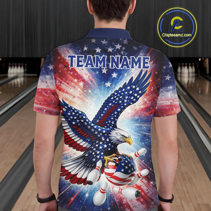 American Flag Eagle Bowling Polo & 1/4 Zip Shirts For Men Custom Patriotic Bowling Team Jersey TDM6284