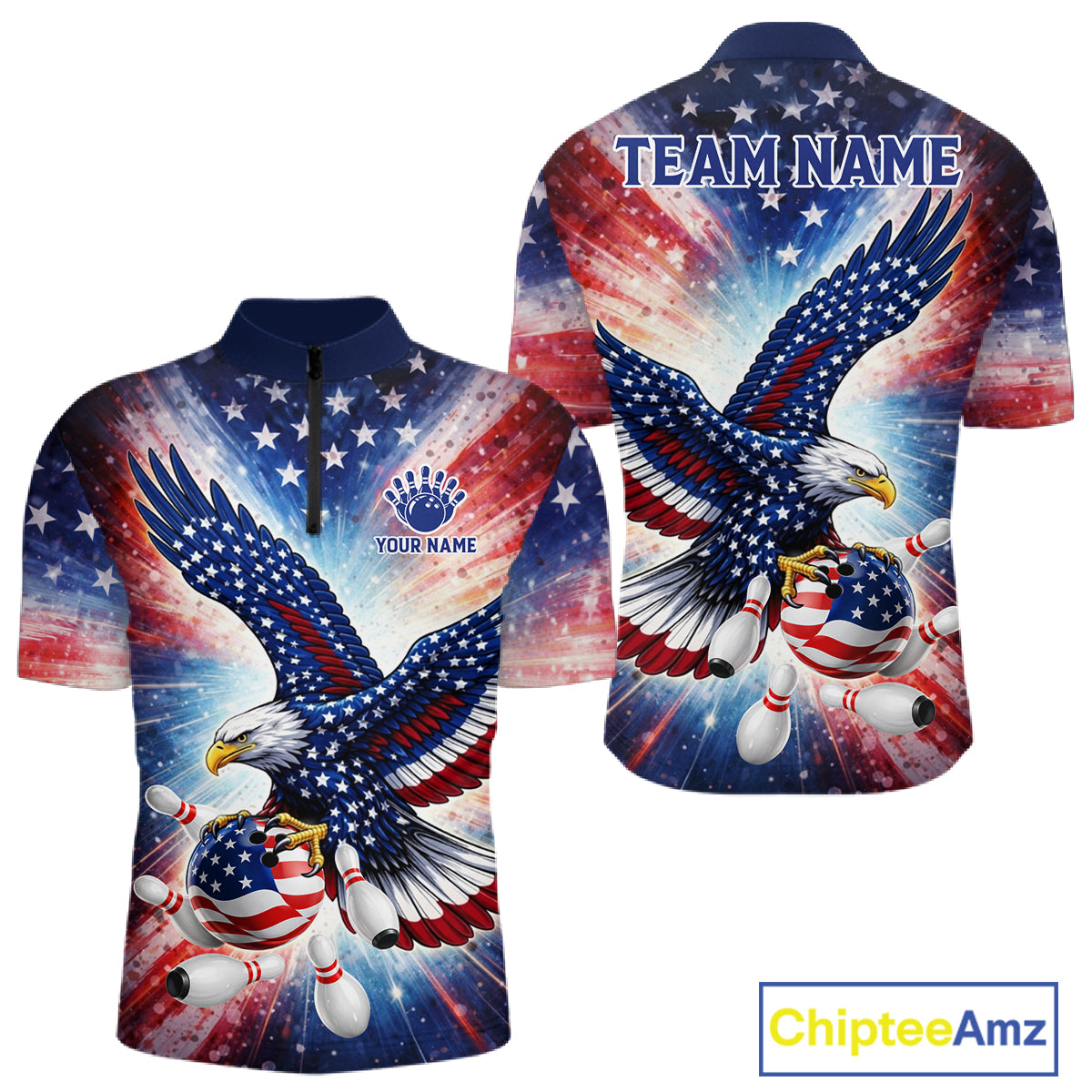 American Flag Eagle Bowling Polo & 1/4 Zip Shirts For Men Custom Patriotic Bowling Team Jersey TDM6284