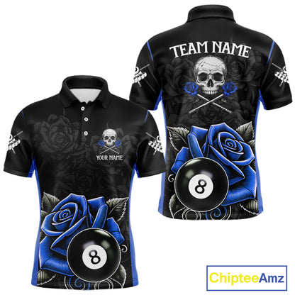 Black And Blue 8 Ball Pool And Roses Custom Skull Billiard Shirts For Men, Billiard Team Jersey TDM6286