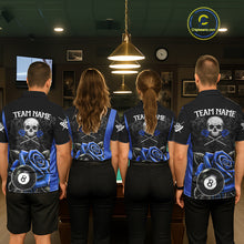 Load image into Gallery viewer, Black And Blue 8 Ball Pool And Roses Custom Skull Billiard Shirts For Men, Billiard Team Jersey TDM6286
