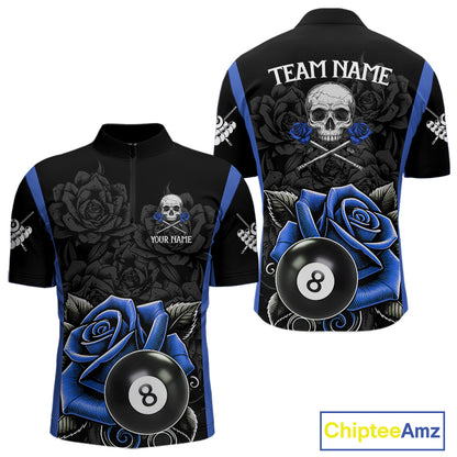 Black And Blue 8 Ball Pool And Roses Custom Skull Billiard Shirts For Men, Billiard Team Jersey TDM6286