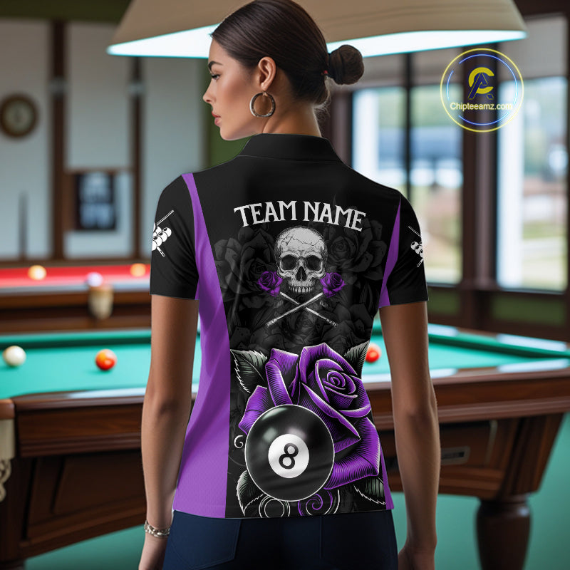Black And Purple 8 Ball Pool And Roses Custom Skull Billiard Shirts For Women, Billiard Team Jersey TDM6287